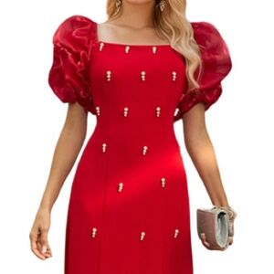 Lolacat Evening Red Maxi Dress with Faux Pearls NWT Size Large